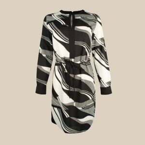 Lauren Ralph Lauren Black & White Abstract Print Tie-Waist Dress | Size 18